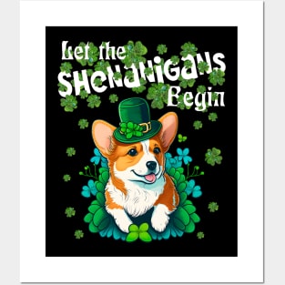 Let Shenanigans Begin Funny Corgi Shamrock St Patricks Day Posters and Art